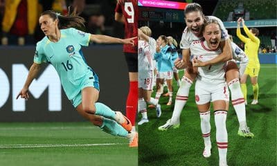 Na imagem, comemorações de Austrália e Dinamarca na Copa do Mundo Feminina.