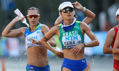 Érica Sena nos 35km do Mundial de atletismo, com Caio Bonfim