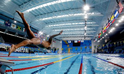 Na imagem, nadador do Brasil pulando na piscina, em um dos cinco esportes aquáticos.
