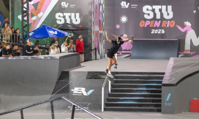 Rayssa Leal desliza no corrimão com o skate no STU Rio Open