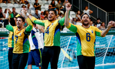 Jogadores da Seleção brasileira de goalball masculino de mãos dadas comemoram com a torcida