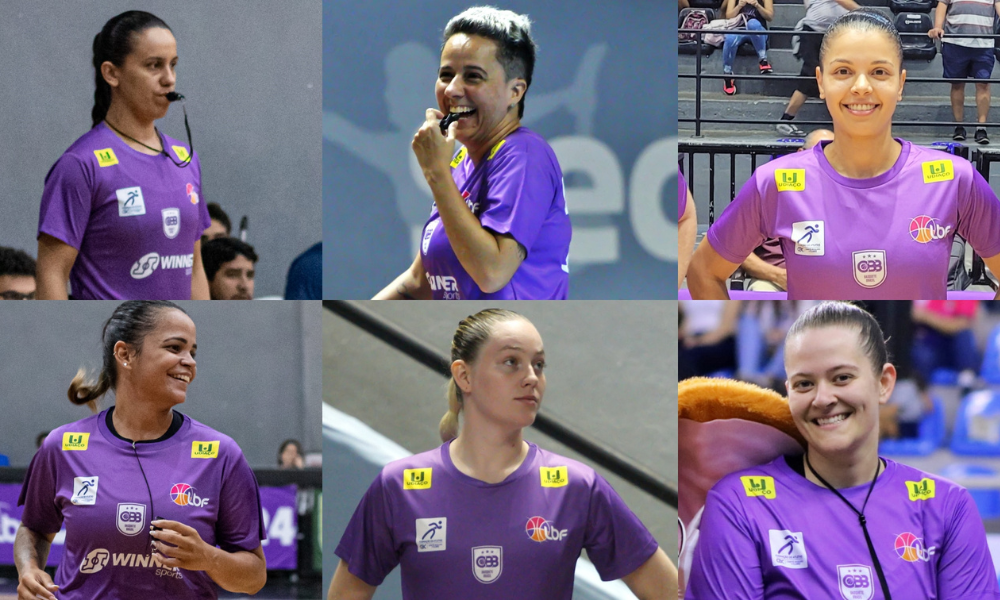 Número de mulheres na arbitragem cresce na LBF; montagem com seis fotos de árbitras de basquete