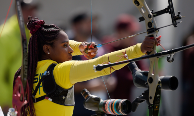 Ane Marcelle dos Santos durante disputa por equipes femininas do tiro com arco no Pré-Olímpico para Paris-2024