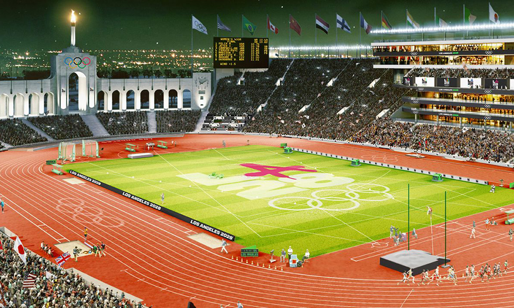 Na imagem, projeção de como estará o LA Memorial Coliseum com o atletismo nos Jogos Olímpicos de 2028.