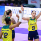 Jogadoras do Brasil comemoram vitória sobre a Tailândia na Liga das Nações de vôlei feminino, a VNL 2024