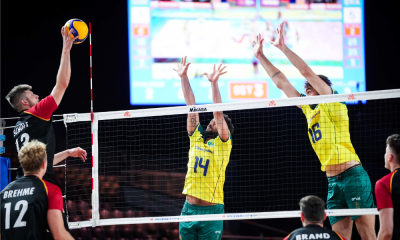 Jogador alemão encara bloqueio duplo do Brasil na Liga das Nações de vôlei masculino - A VNL 2024; ao vivo