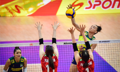 Gabi ataca contra bloqueio do Japão na semifinal do Brasil na Liga das Nações de vôlei feminino
