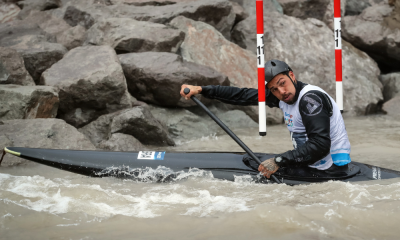 Kauã da Silva durante participação no C1 da Copa do Mundo de canoagem slalom; ele, Ana Sátila, Omira Estácia e Charles Corrêa avançaram à semifinal