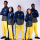 Henrique Marques, Bia Ferreira, Rafaela Silva, Jade Barbosa e Wandeley Holyfield posam para foto com os uniformes de pódio do Time Brasil nos Jogos Olímpicos Paris-2024