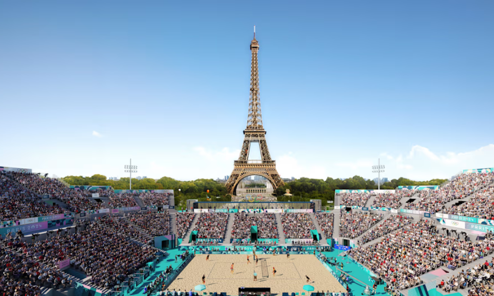 disputas do vôlei de praia nos jogos olímpicos de paris-2024 com a torre eiffel ao fundo