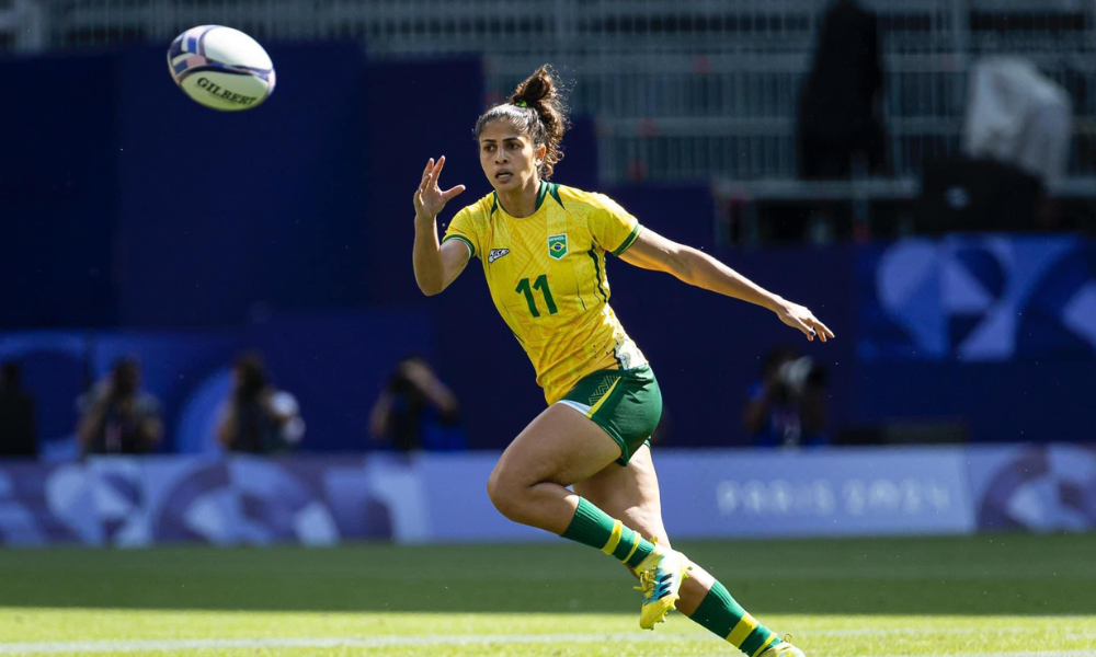 Bianca Silva em partida das Yaras, a seleção brasileira feminina de rugby sevens, nos Jogos Olímpicos de Paris-2024 (Bruno Ruas/Brasil Rugby)