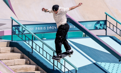 Giovanni Vianna, da SLS, fazendo trick no corrimão no skate dos Jogos Olímpicos de Paris-2024