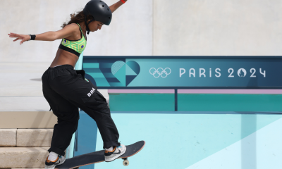 Rayssa Leal em ação no skate street feminino dos Jogos Olímpicos de Paris-2024