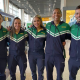 Atletas do judô que vão aos Jogos Olímpicos de Paris-2024 posam para foto no Aeroporto de Cumbica em Guarulhos