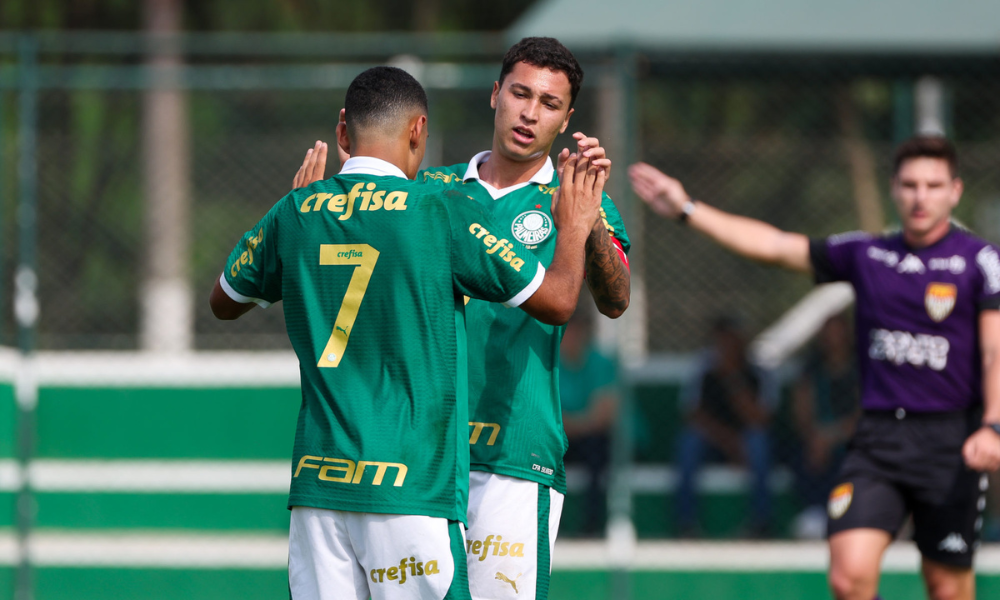 Jogadores do Palmeiras comemoram gol no Brasileirão Sub-20