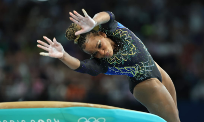 Rebeca Andrade do Brasil compete no quali da ginástica artística feminina nos Jogos Olímpicos Paris-2024. Ela postou vídeo do Yurchenko tripla pirueta