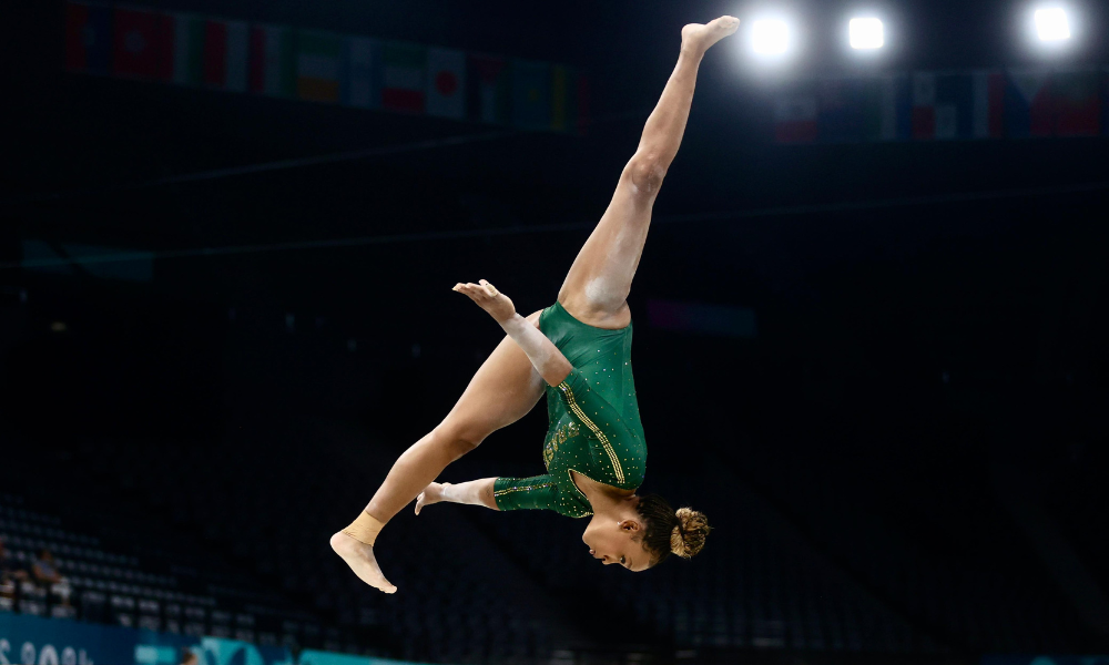 Rebeca Andrade no treino de pódio dos Jogos Olímpicos de Paris-2024