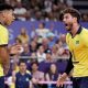 Bruninho e Darlan comemoram ponto do Brasil na vitória sobre o Egito no vôlei masculino dos Jogos Olímpicos de Paris-2024