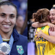 Marta com a medalha de prata do futebol feminino (à esquerda) e Macris e Júlia Bergmann celebrando o bronze do vôlei feminino (Fotos: Alexandre Loureiro/COB e Miriam Jeske/COB)