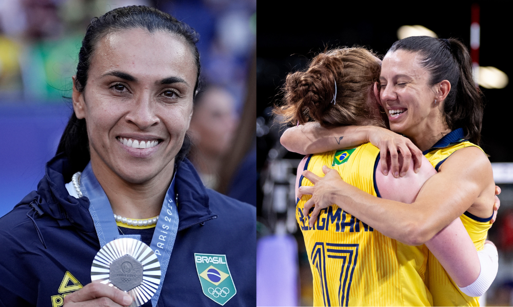 Marta com a medalha de prata do futebol feminino (à esquerda) e Macris e Júlia Bergmann celebrando o bronze do vôlei feminino (Fotos: Alexandre Loureiro/COB e Miriam Jeske/COB)