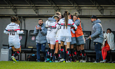 Comemoração das jogadoras do São Paulo na primeira partida das quartas de final do Brasileiro Feminino (Foto: Ricardo Oliveira)