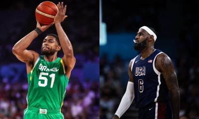 Bruno Caboclo, do Brasil e LeBron James, dos Estados Unidos, adversários nas quartas dos Jogos Olímpicos de Paris-2024 (Fotos: Gaspar Nóbrega/COB e FIBA)