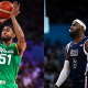 Bruno Caboclo, do Brasil e LeBron James, dos Estados Unidos, adversários nas quartas dos Jogos Olímpicos de Paris-2024 (Fotos: Gaspar Nóbrega/COB e FIBA)