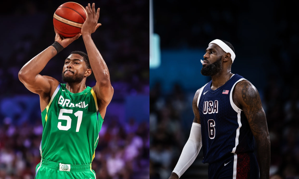 Bruno Caboclo, do Brasil e LeBron James, dos Estados Unidos, adversários nas quartas dos Jogos Olímpicos de Paris-2024 (Fotos: Gaspar Nóbrega/COB e FIBA)