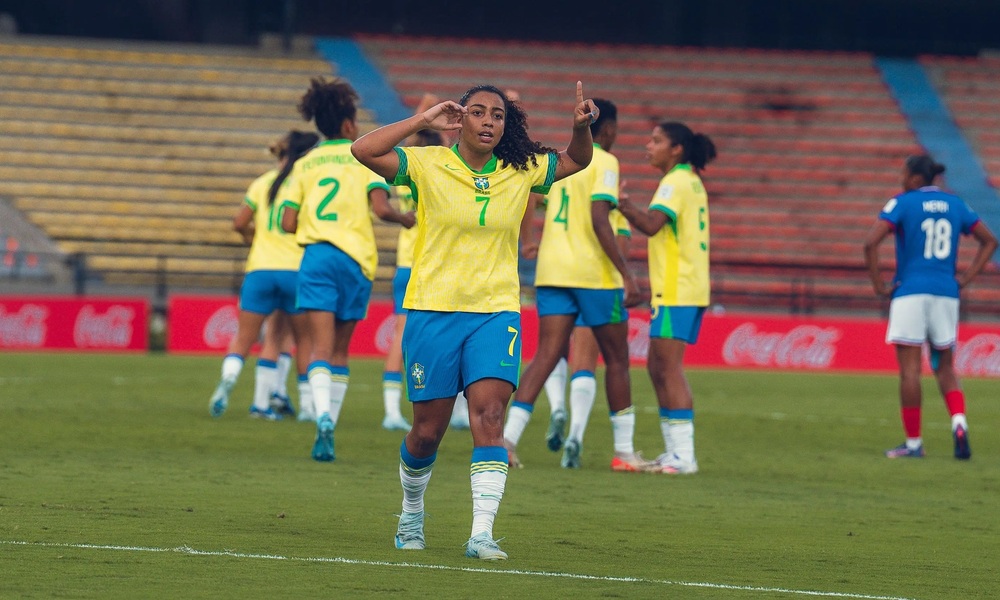 Natália Vendito durante comemoração de um de seus gols no Mundial Sub-20 Creéditos: Fábio Souza / CBF