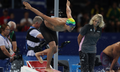 Breno Correia saltando na água nos Jogos Olímpicos de PARIS-2024; ele disputou os 200m livre da Copa do Mundo de Incheon, Isabella Tramontana, singapura