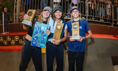 Daniela Terol, Rayssa Leal e Chloe Covell no pódio do street feminino do STU Pro Tour Rio de Janeiro