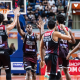 Comemoração dos jogadores do Sesi Franca no primeiro jogo da final do Paulista de basquete (Marcos Limonti/SFB)