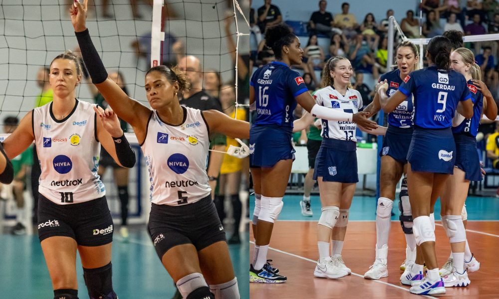 Montagem com fotos de atletas de Praia Clube e Minas no Mineiro de vôlei feminino