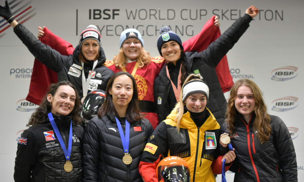 Nicole Silveira no Pódio da Copa do Mundo de Skeleton em Pyeongchang