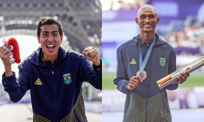 Caio Bonfim e Alison dos Santos, medalhistas olímpicos brasileiros no atletismo em Paris-2024 (Fotos: Alexandre Loureiro/COB e Gaspar Nóbrega/COB)