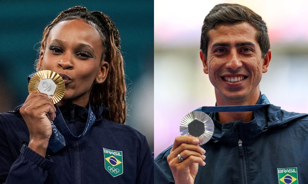 Rebeca Andrade e Caio Bonfim nos Jogos Olímpicos de Paris. Ambos ganharam o Troféu Rei Pelé no PBO