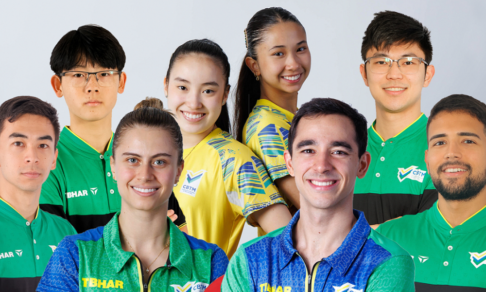 Hugo Calderano, Bruna Takahashi, Vitor Ishiy, Giulia Takahashi, Leonardo Iizuka, Eric Jouti, Laura Watanabe e Guilherme Teodoro, que estarão no WTT Singapura Smash